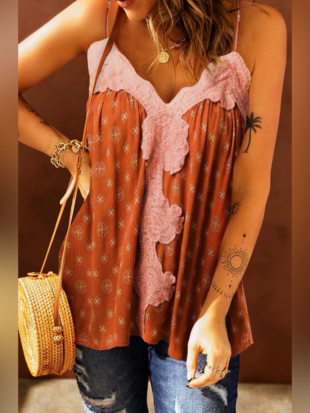 Boutique Burnt Orange Boho Print Baby Doll Top Size XL - NWOT